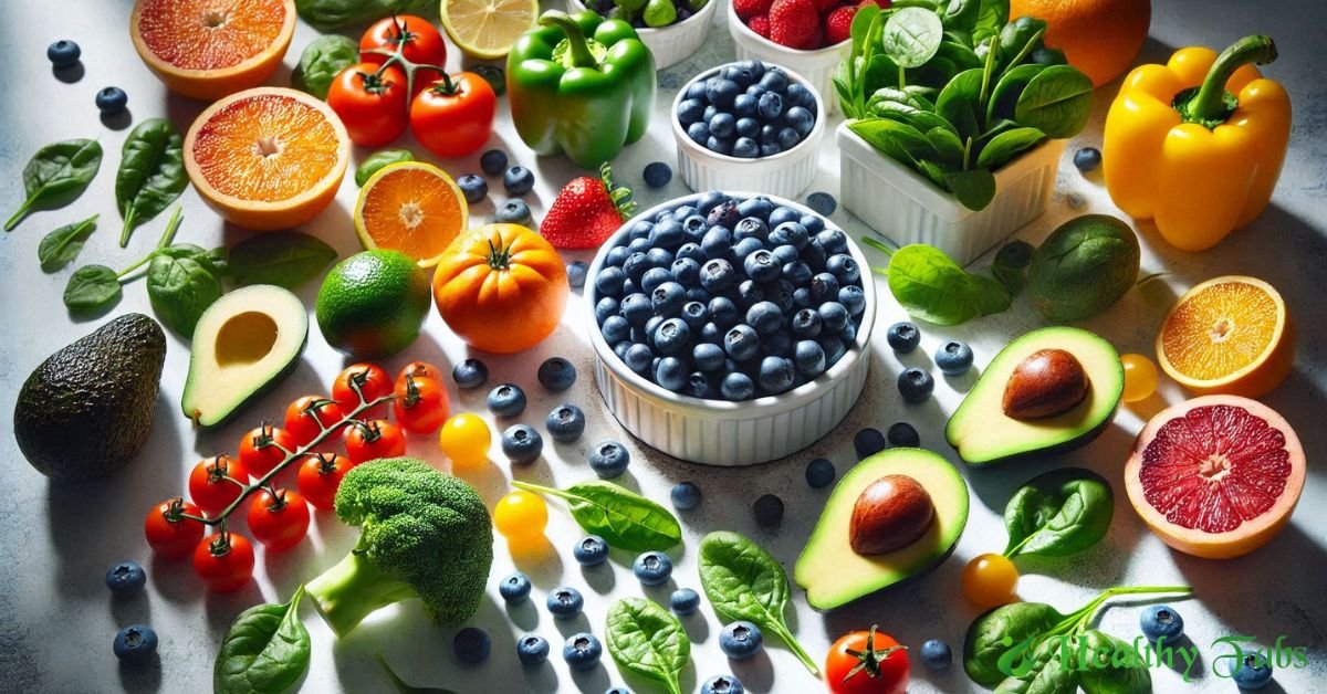 Collection of anti-aging foods including berries, leafy greens, nuts, and fatty fish