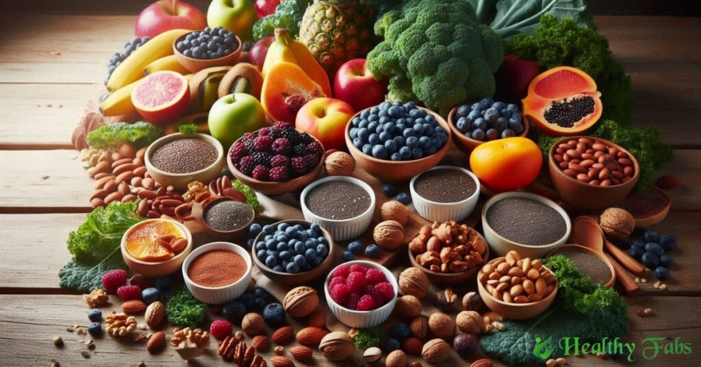 Assortment of energy-boosting superfoods, including berries, leafy greens, and nuts