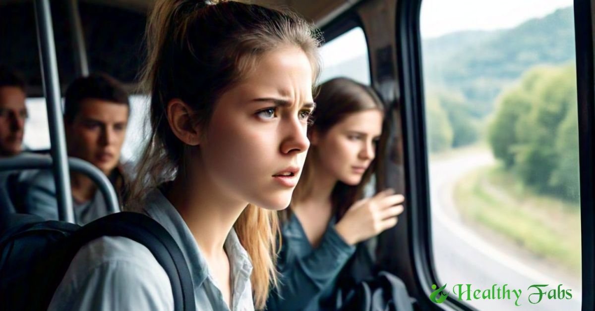 Person experiencing motion sickness on a bus