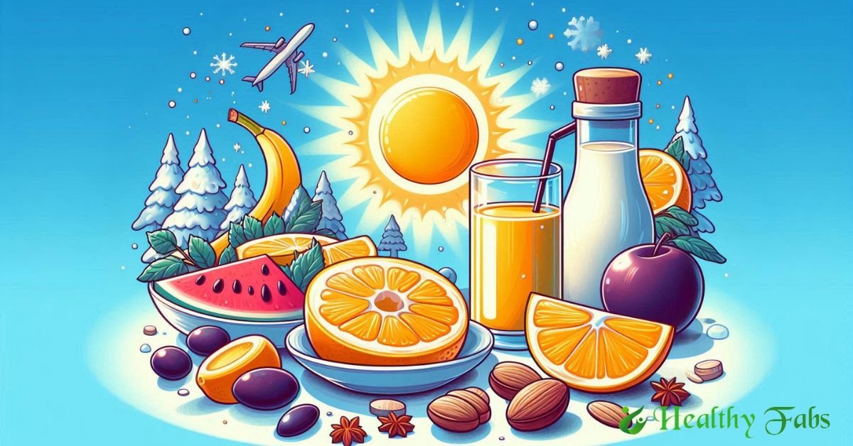 Person holding a vitamin D supplement bottle, with a winter background