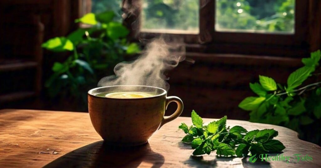 Photo of a cup of herbal tea with a morning sunrise background