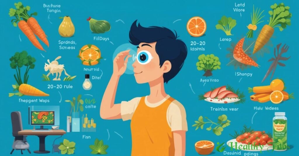 A person performing eye exercises, surrounded by nutrient-rich foods