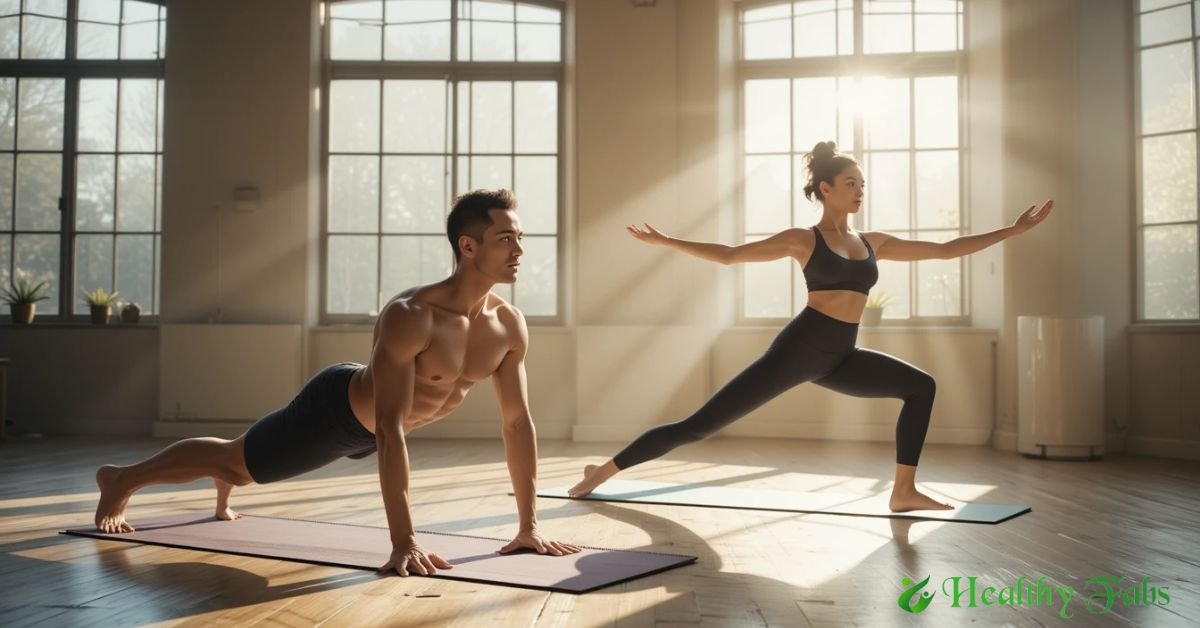 A fit man and woman practicing strength-focused yoga poses