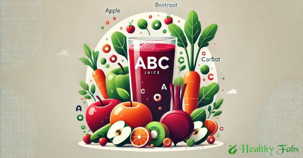 A glass of ABC juice (Apple, Beetroot, Carrot) surrounded by fresh fruits and vegetables, representing a healthy lifestyle and natural wellness.