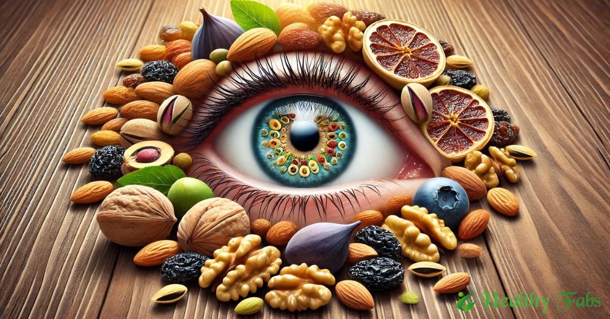 A collection of nutritious dry fruits like almonds, walnuts, pistachios, and raisins that help improve eyesight naturally.