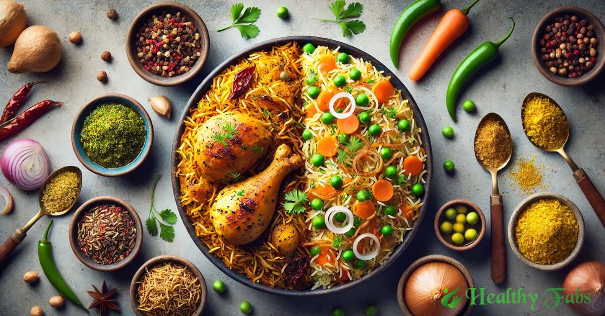A top-down view of two bowls, one filled with flavorful Biryani with chicken and saffron-infused rice, and the other with colorful vegetable Pulao.