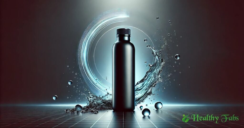 A sleek black water bottle with water splashing around it, representing hydration, purity, and essential minerals.