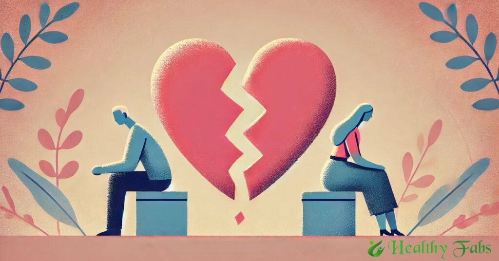 A sad couple sitting apart with a broken heart symbol, representing common reasons for breakups.