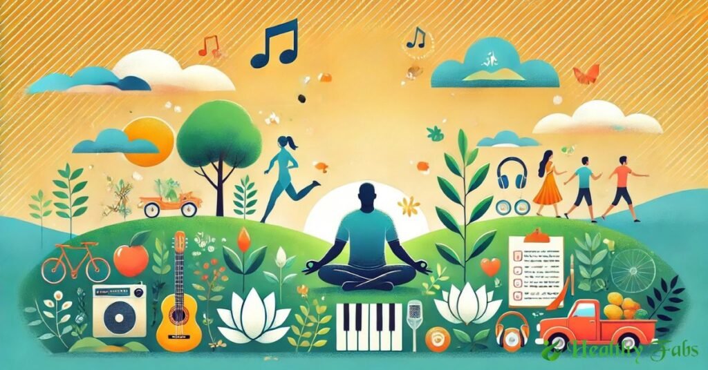 Icons representing meditation, stretching, walking, music, reading, and nature illustrate a healthy lifestyle