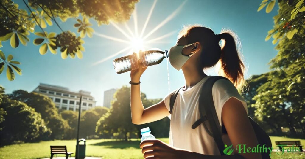 A person drinking a large bottle of water under summer heat