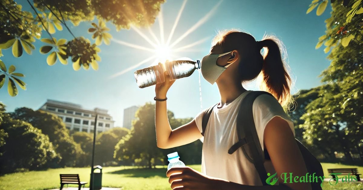 A person drinking a large bottle of water under summer heat
