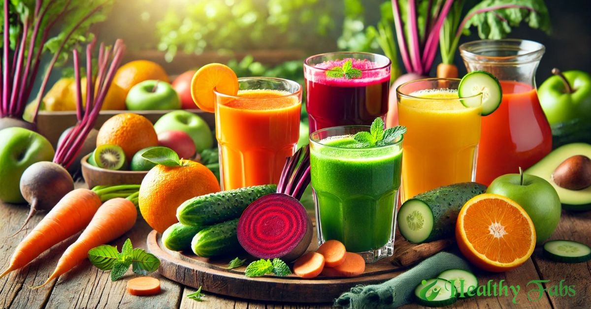 A colorful assortment of fresh fruit and vegetable juices, including carrot, beetroot, cucumber, and orange juice, arranged on a rustic wooden table with fresh ingredients.