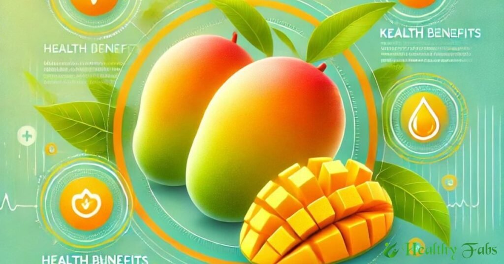 A vibrant image showcasing ripe mangoes with key health benefits illustrated.