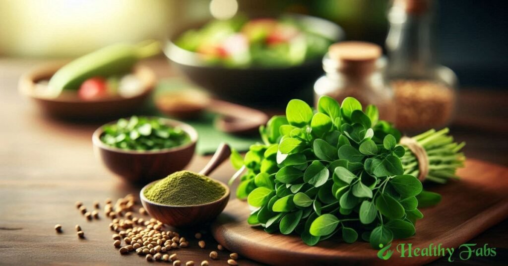 Fresh methi (fenugreek) leaves on a wooden counter with a bowl of soaked methi seeds and powder, highlighting their health benefits.