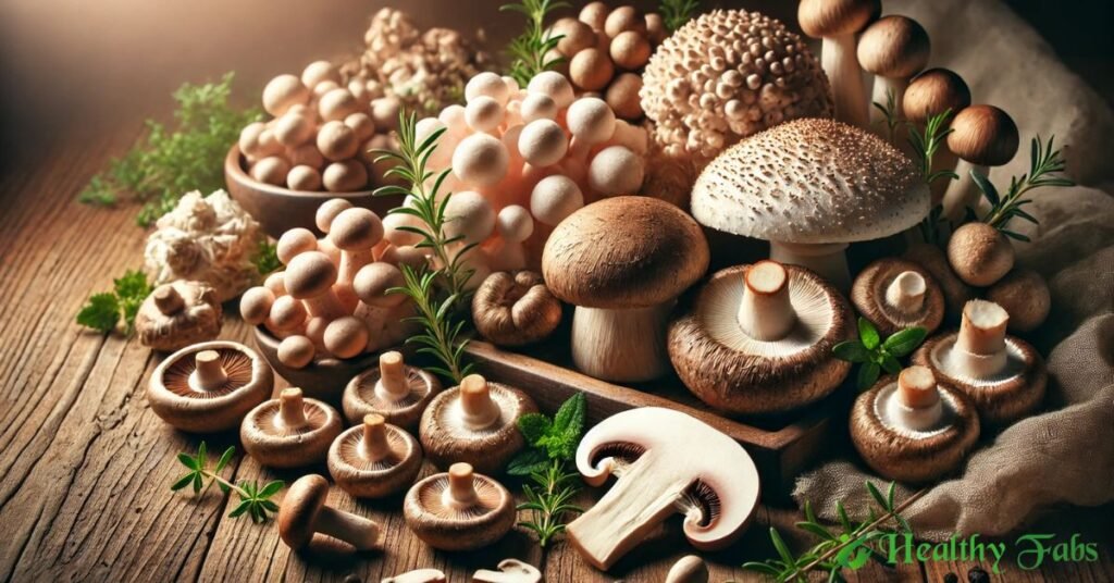 A variety of fresh mushrooms showcasing their nutritional value and health benefits.