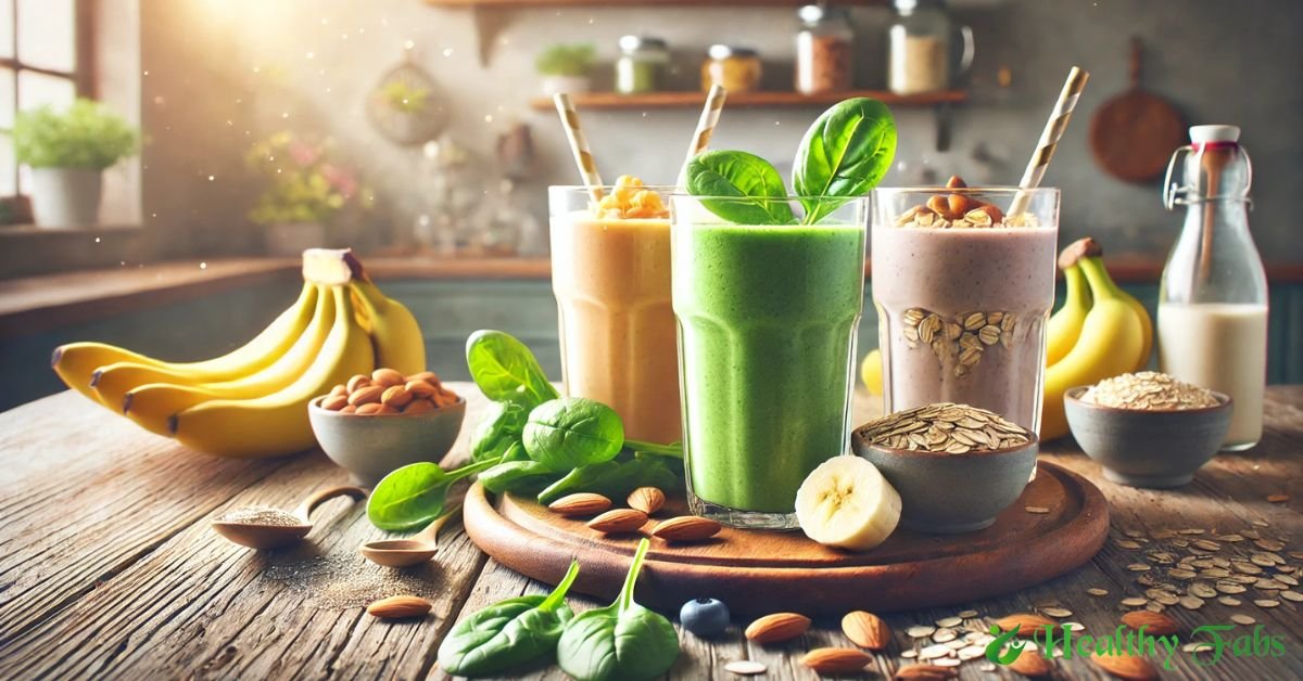 Colorful glasses of homemade protein shakes made with banana, oats, spinach, and almonds for weight loss