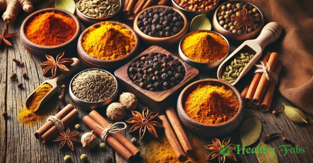 A beautifully arranged display of Indian spices including turmeric, cumin, black pepper, cinnamon, cloves, and cardamom on a wooden surface.