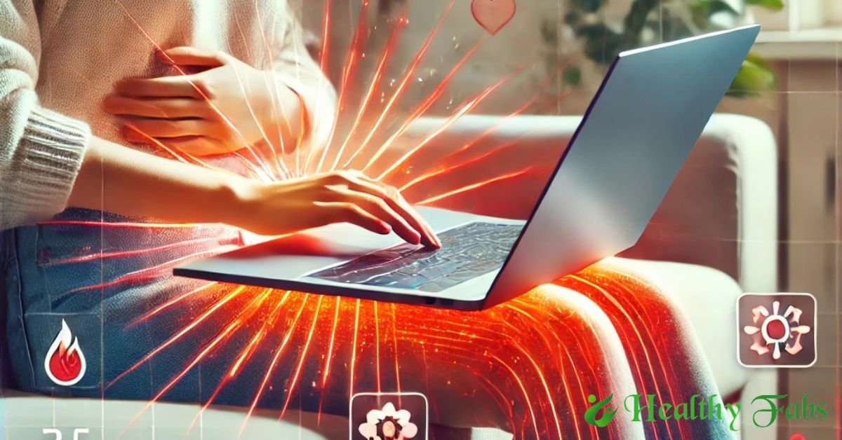 A person using a laptop on their lap with heat waves and warning signs, Telugu text overlay warning about health risks.