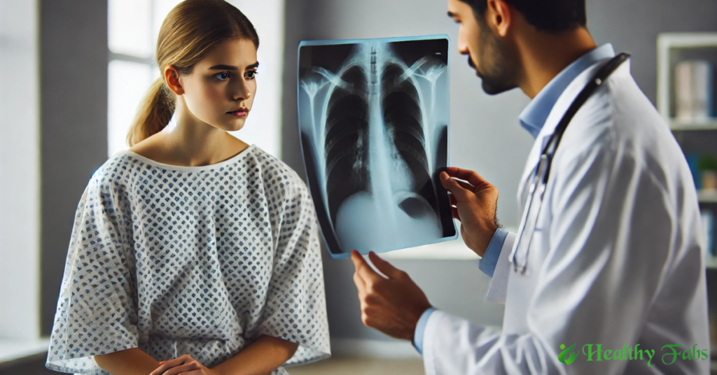 A concerned woman in a hospital gown looking at a lung X-ray while a doctor explains the results in a medical clinic.