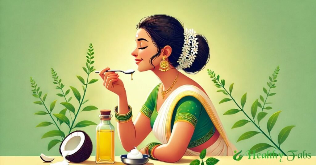 A person doing oil pulling with coconut oil as part of Ayurvedic morning routine – Telugu health practice
