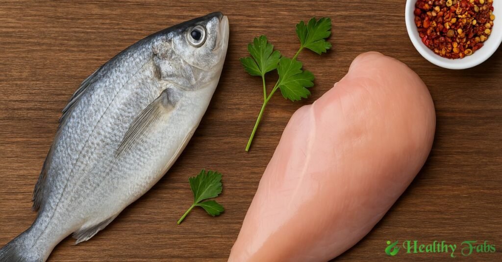 Pono Fish vs Chicken nutrition chart in Telugu