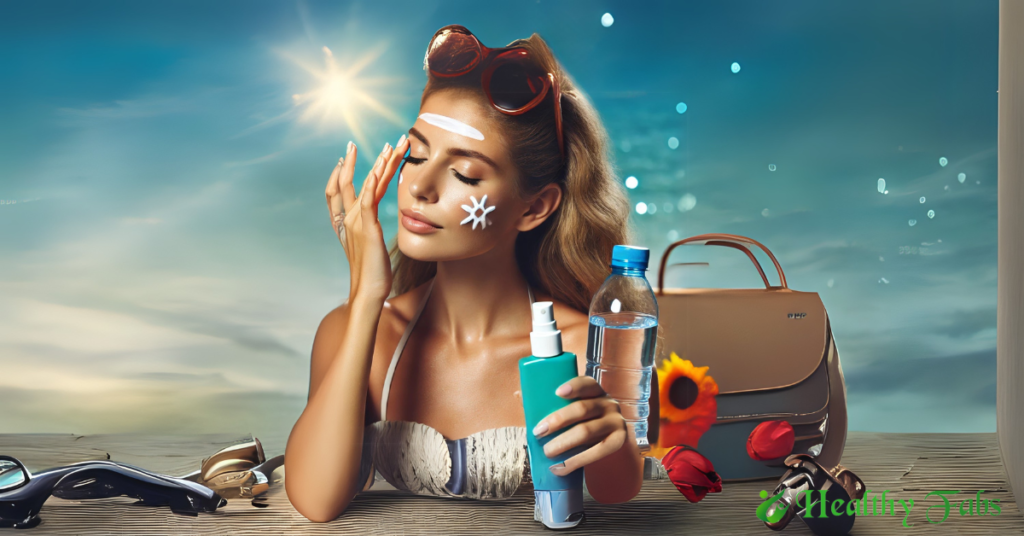 A woman applying sunscreen on her face while enjoying a sunny summer day, staying hydrated with a bottle of water.