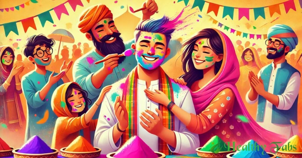 A vibrant Holi festival celebration with people playing with colors while protecting their skin and hair using scarves, hats, and oil.