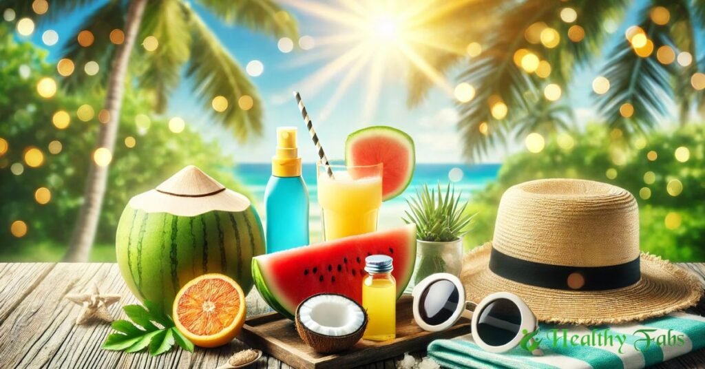 A collection of summer care essentials including sunscreen, sunglasses, a straw hat, fresh fruits like watermelon and citrus, and a glass of lemonade on a wooden table.