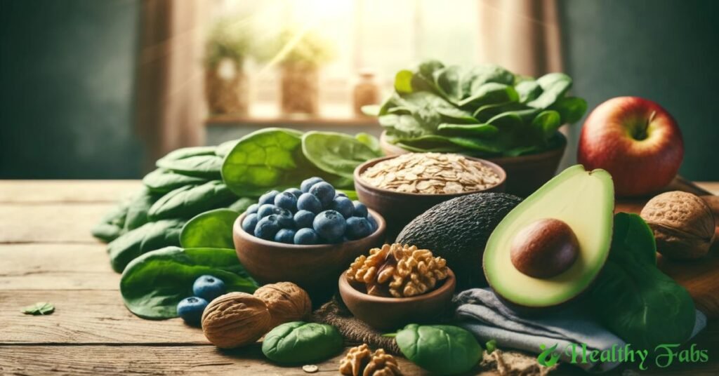 A colorful assortment of superfoods like spinach, blueberries, walnuts, avocados, and oats arranged on a wooden table.