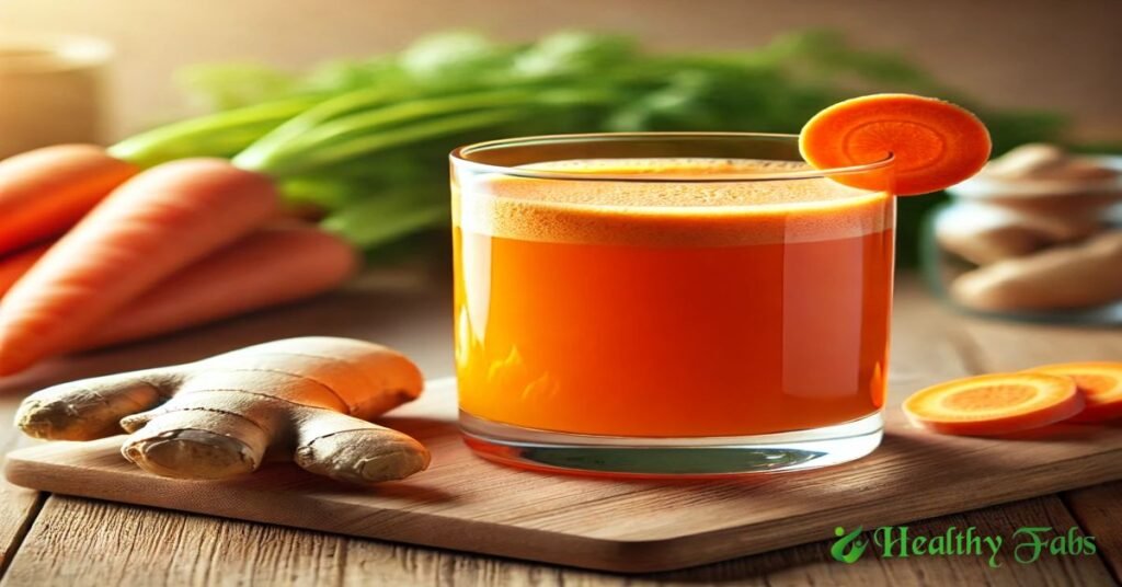 A glass of fresh carrot ginger juice surrounded by carrots and ginger, highlighting its health benefits.