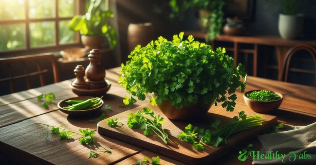 Fresh green coriander leaves with visual icons representing their health benefits such as digestion, heart health, diabetes control, detoxification, and immunity boost.