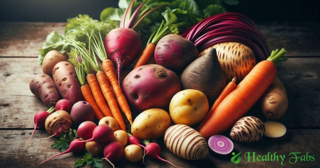 A variety of nutrient-rich root vegetables including carrots, beets, sweet potatoes, and radishes, displayed on a wooden surface.