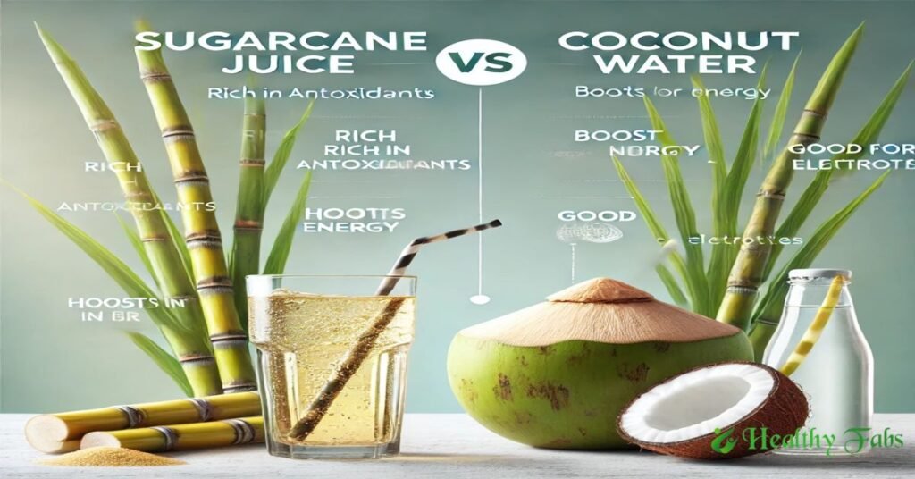 A side-by-side comparison of sugarcane juice and coconut water, highlighting their health benefits.