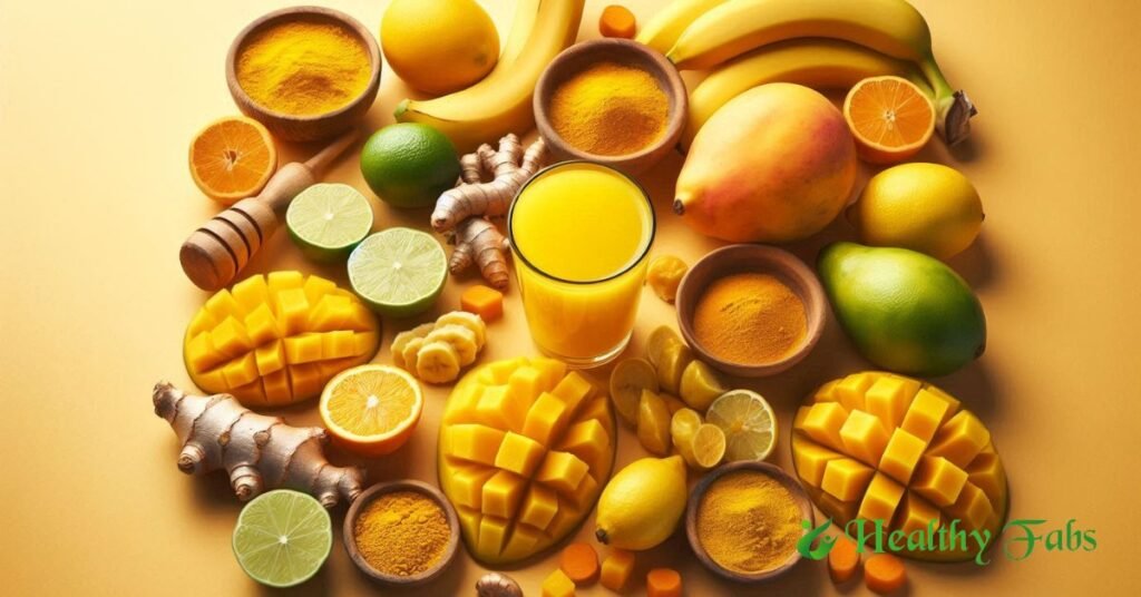 A vibrant display of yellow-colored foods including turmeric, mango, bananas, and sweet lime, highlighting their health benefits.