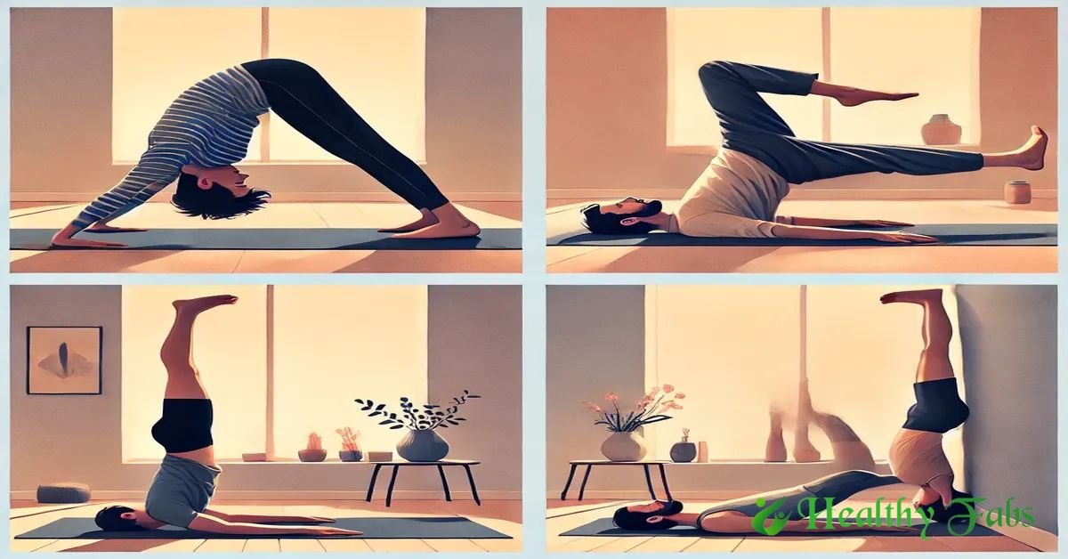 A collage of four yoga inversion poses for beginners, including Downward Facing Dog, Shoulder Stand, Legs Up the Wall, and Headstand in a peaceful yoga studio.
