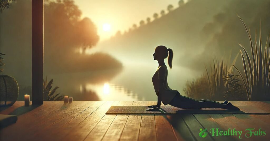 A person practicing Cobra Pose (Bhujangasana) outdoors at sunrise, stretching their back for pain relief.