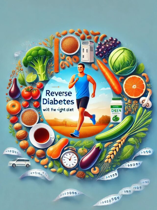 A healthy plate of nutritious food items for diabetes reversal, including greens, nuts, and whole grains.