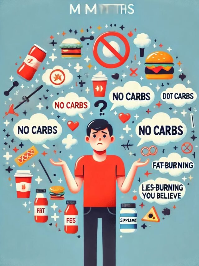 A person confused about weight loss myths with healthy and unhealthy food choices