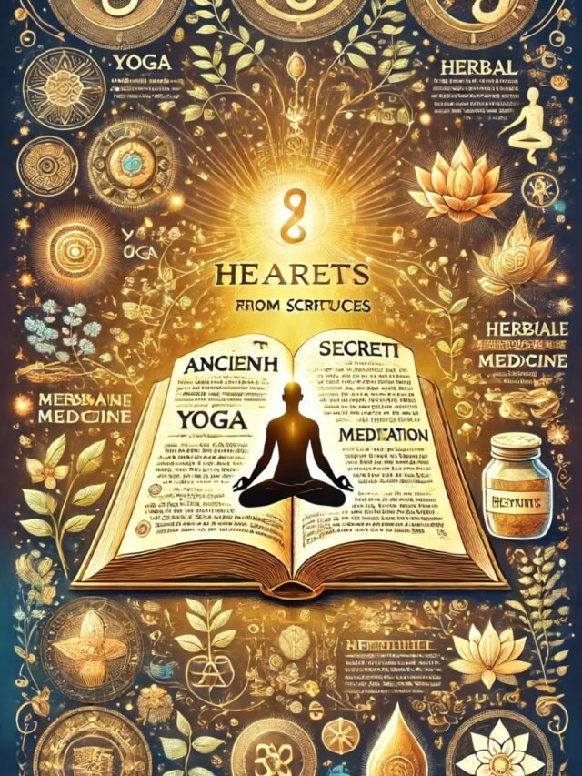 An infographic depicting ancient health practices, including herbal medicine, yoga, fasting, and spiritual healing, as described in traditional scriptures.