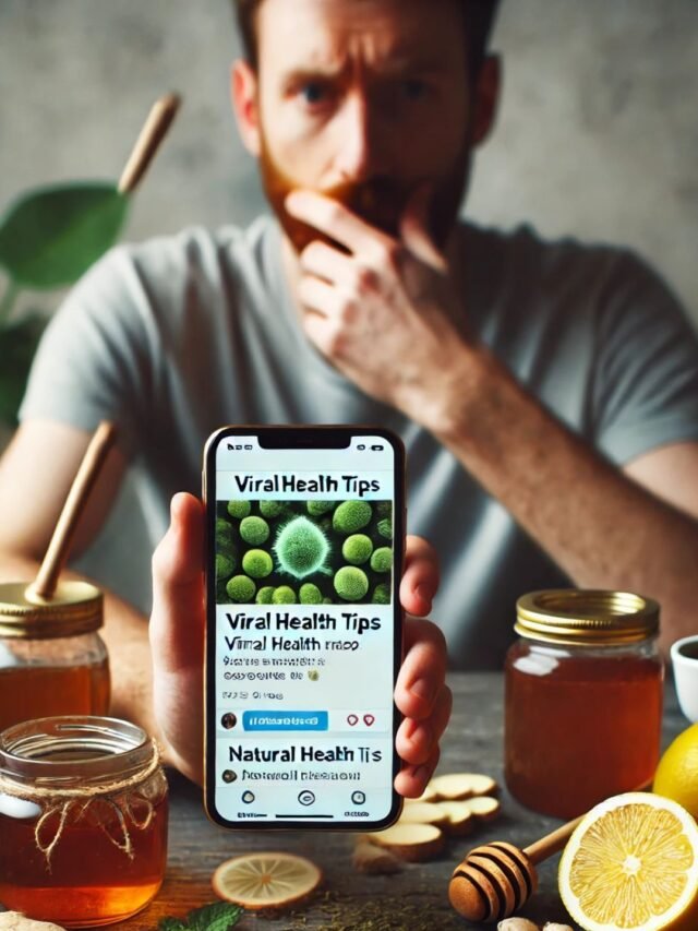 A woman holding a smartphone, confused about viral health tips on social media.
