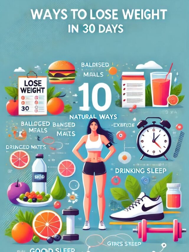 A healthy lifestyle guide showing 10 natural ways to lose weight in 30 days with diet, exercise, and lifestyle changes.
