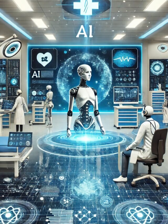 An AI-powered robotic arm assisting a doctor in surgery, symbolizing artificial intelligence revolutionizing healthcare.