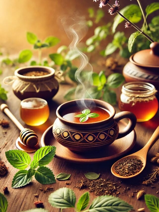 A cup of herbal tea with ginger, tulsi, and honey for natural cold relief.