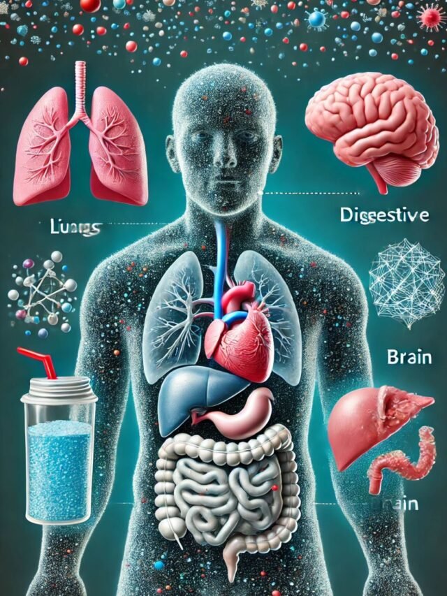 A conceptual image showing tiny plastic particles in food and water, symbolizing the health risks of microplastics.