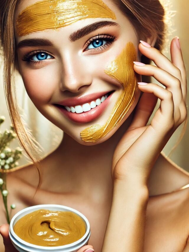 A woman applying a natural DIY face pack for glowing skin using homemade ingredients like turmeric, yogurt, and honey.