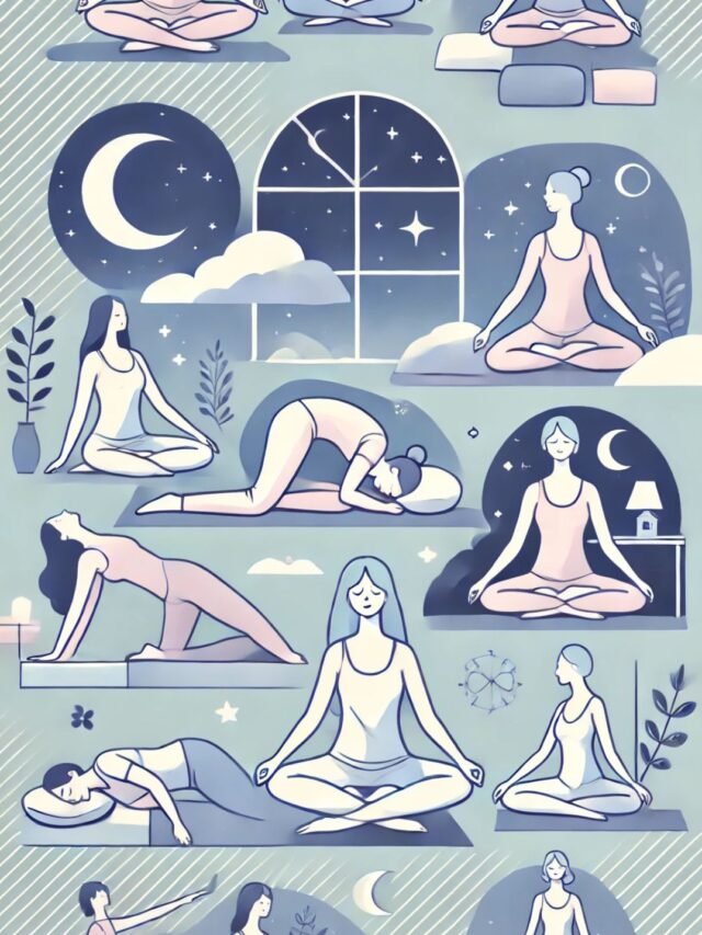 Illustration of gentle yoga poses and relaxation exercises for insomnia relief at night.