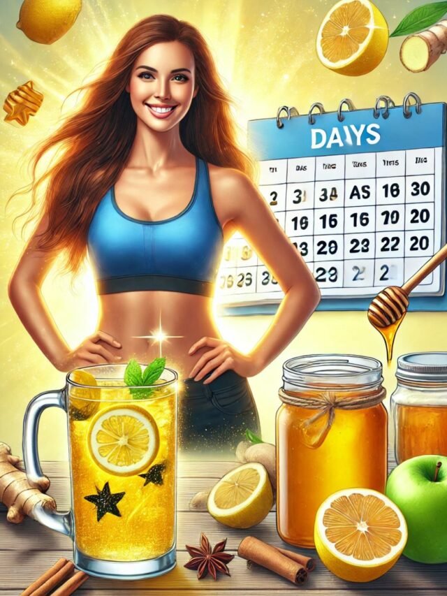 A glass of magic weight loss drink with natural ingredients like lemon, honey, cumin, and cinnamon, placed on a wooden table, highlighting its fat-burning and detoxifying benefits.