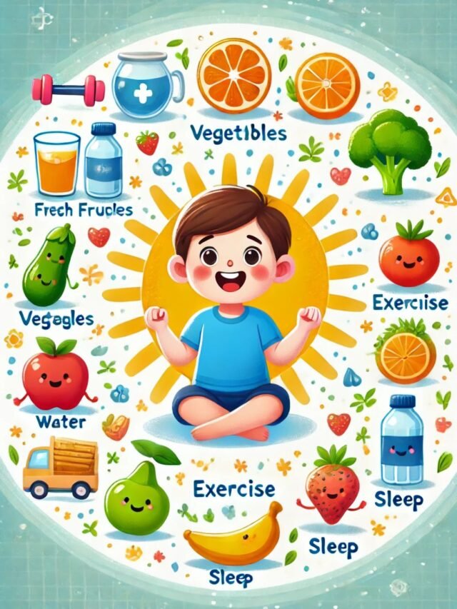 A happy and healthy child eating nutritious food, exercising, and maintaining good hygiene to boost immunity.