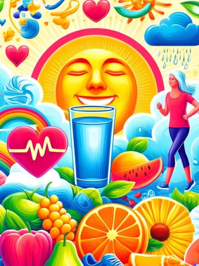 People engaging in healthy habits like drinking water, walking, sleeping well, healthy eating, stress relief exercises, and socializing for a longer life.