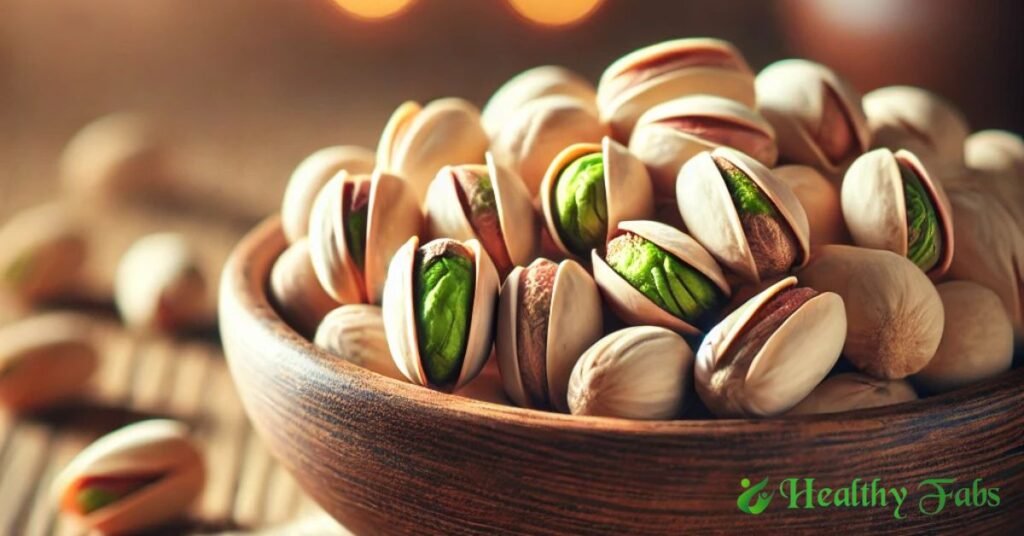 A bowl of fresh pistachios on a wooden table, with cracked-open shells revealing green nuts inside, highlighting their health benefits.